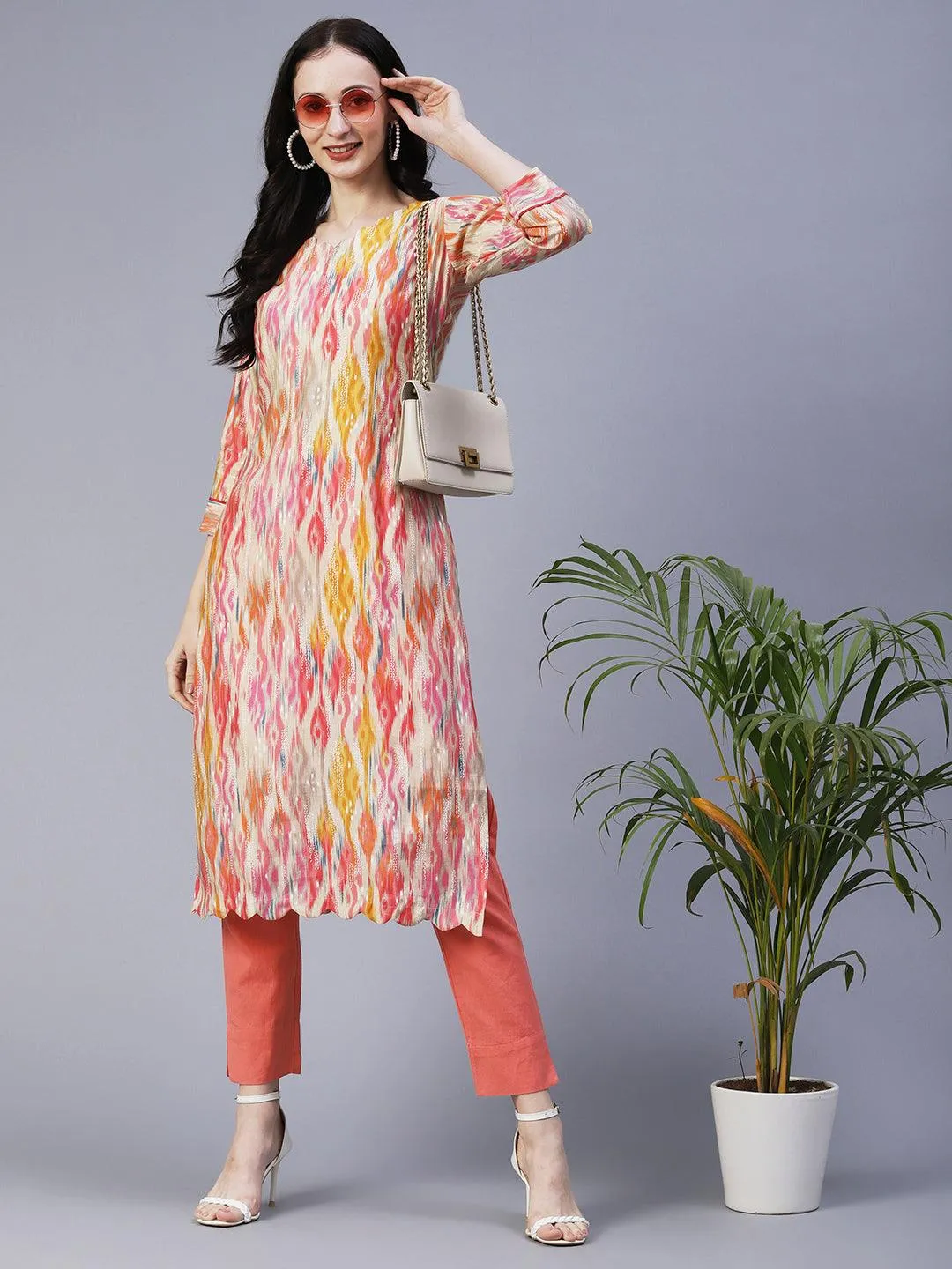 Abstract Ikkat Printed & Foil Printed Scallop Hem Kurta - Multi