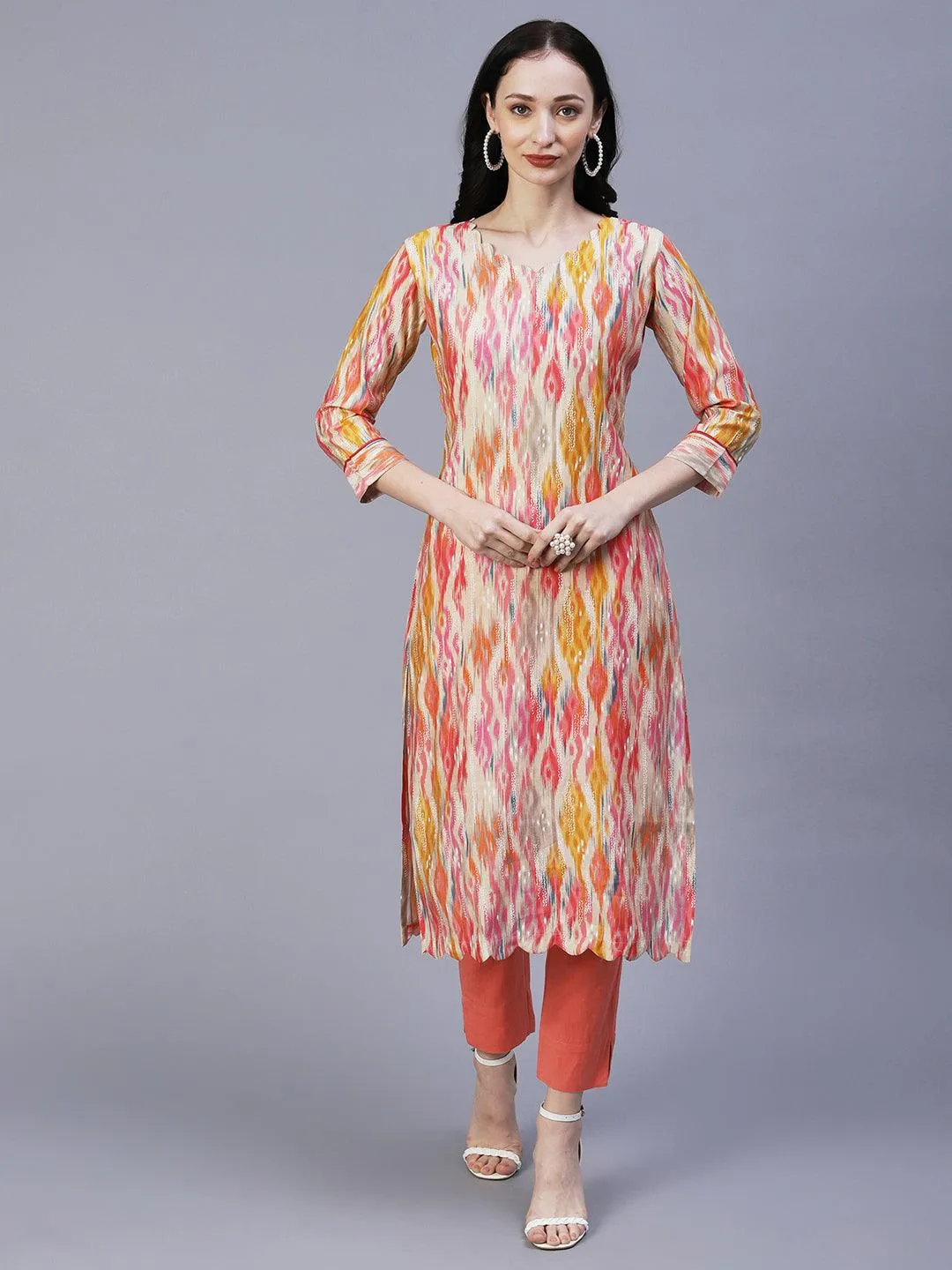 Abstract Ikkat Printed & Foil Printed Scallop Hem Kurta - Multi
