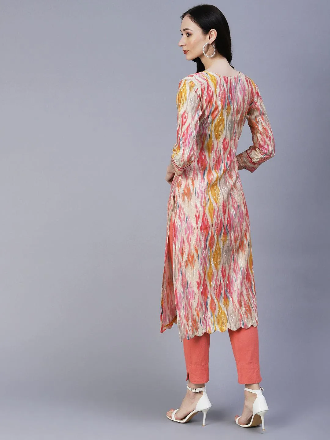 Abstract Ikkat Printed & Foil Printed Scallop Hem Kurta - Multi