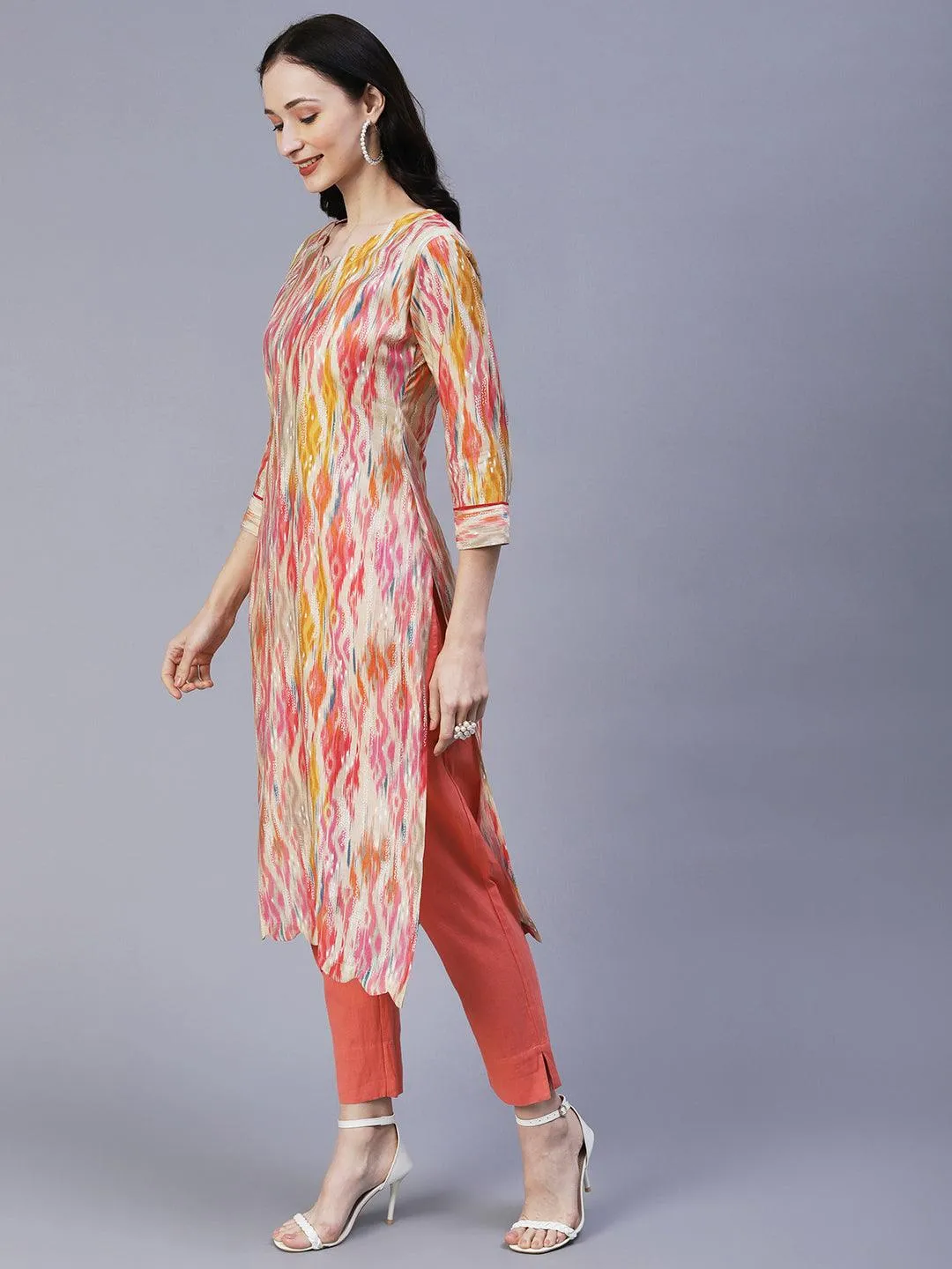 Abstract Ikkat Printed & Foil Printed Scallop Hem Kurta - Multi
