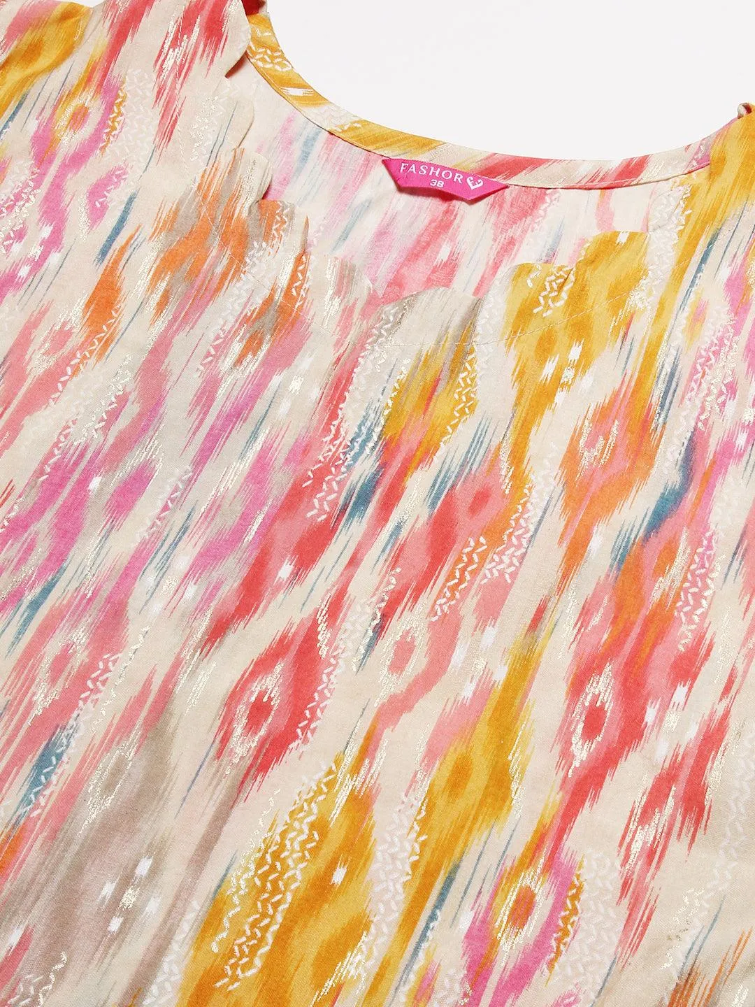 Abstract Ikkat Printed & Foil Printed Scallop Hem Kurta - Multi