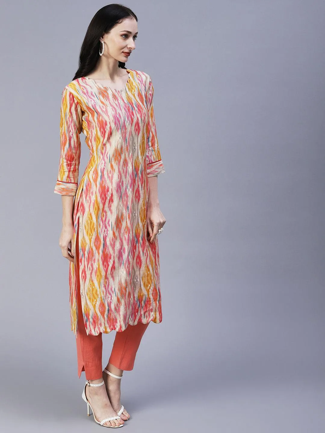 Abstract Ikkat Printed & Foil Printed Scallop Hem Kurta - Multi