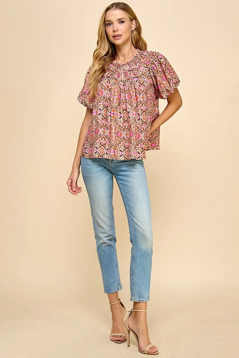 Abstract Printed Split Neckline Top