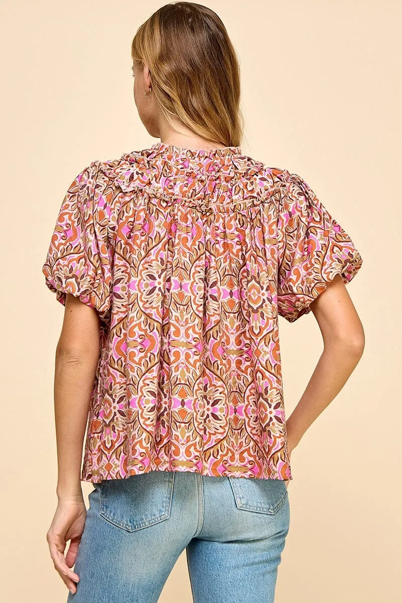 Abstract Printed Split Neckline Top