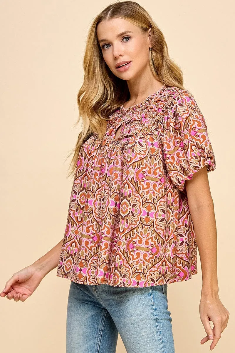 Abstract Printed Split Neckline Top