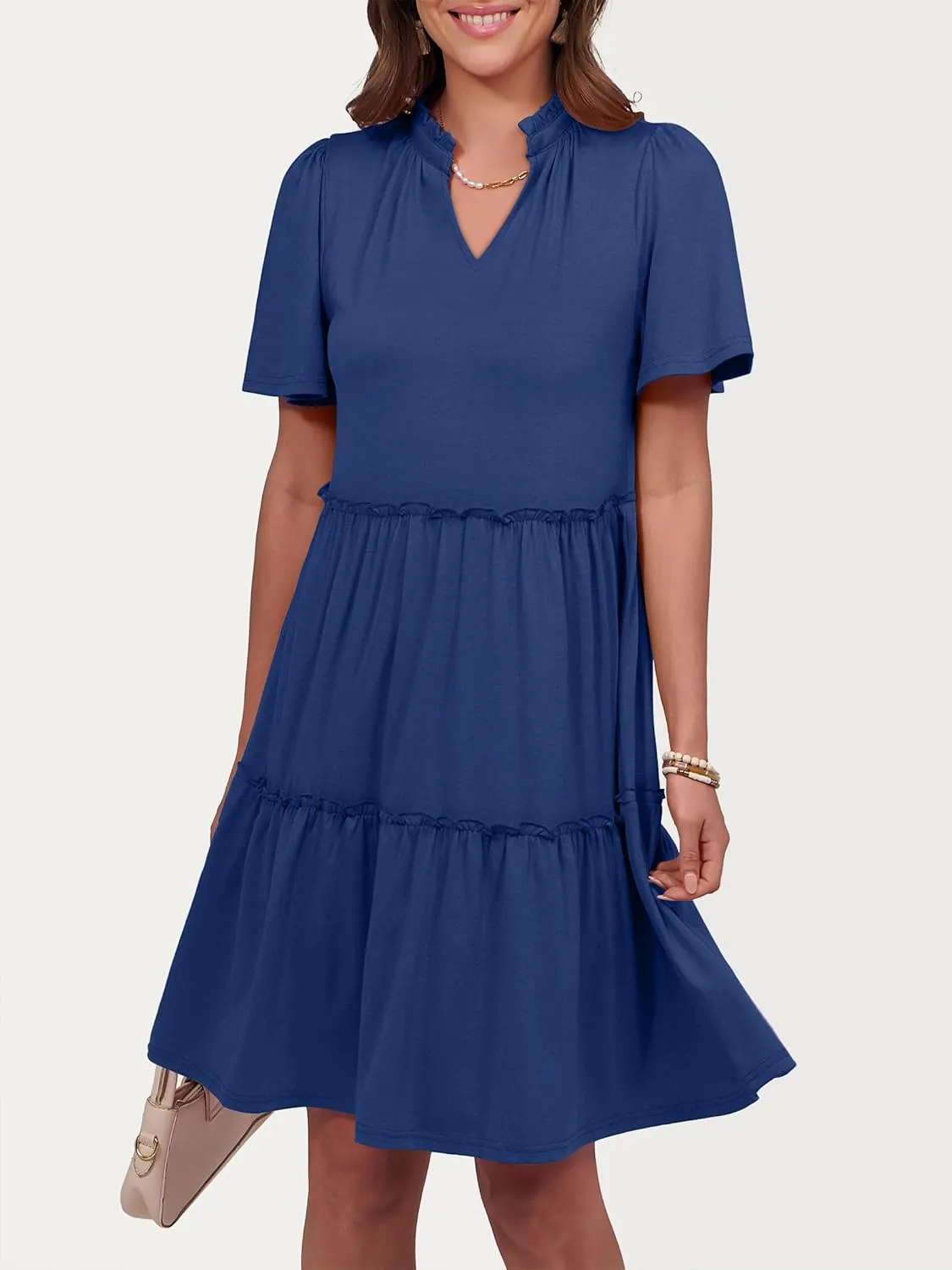 ANRABESS Womens Summer Casual Short Sleeve V Neck A line Tunic Dress Flowy Tiered Babydoll Mini Dress Beach Vacation Outfits
