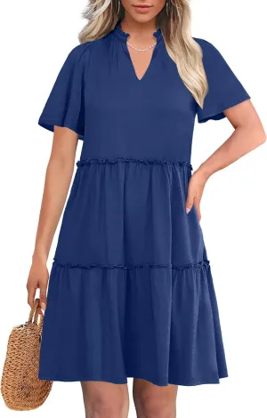 ANRABESS Womens Summer Casual Short Sleeve V Neck A line Tunic Dress Flowy Tiered Babydoll Mini Dress Beach Vacation Outfits