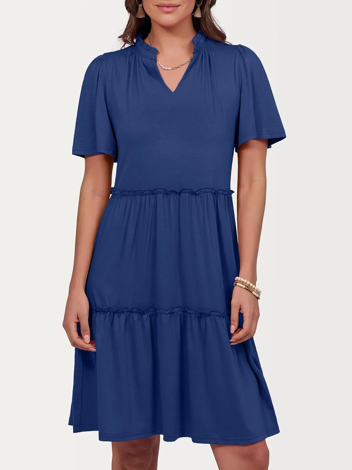 ANRABESS Womens Summer Casual Short Sleeve V Neck A line Tunic Dress Flowy Tiered Babydoll Mini Dress Beach Vacation Outfits