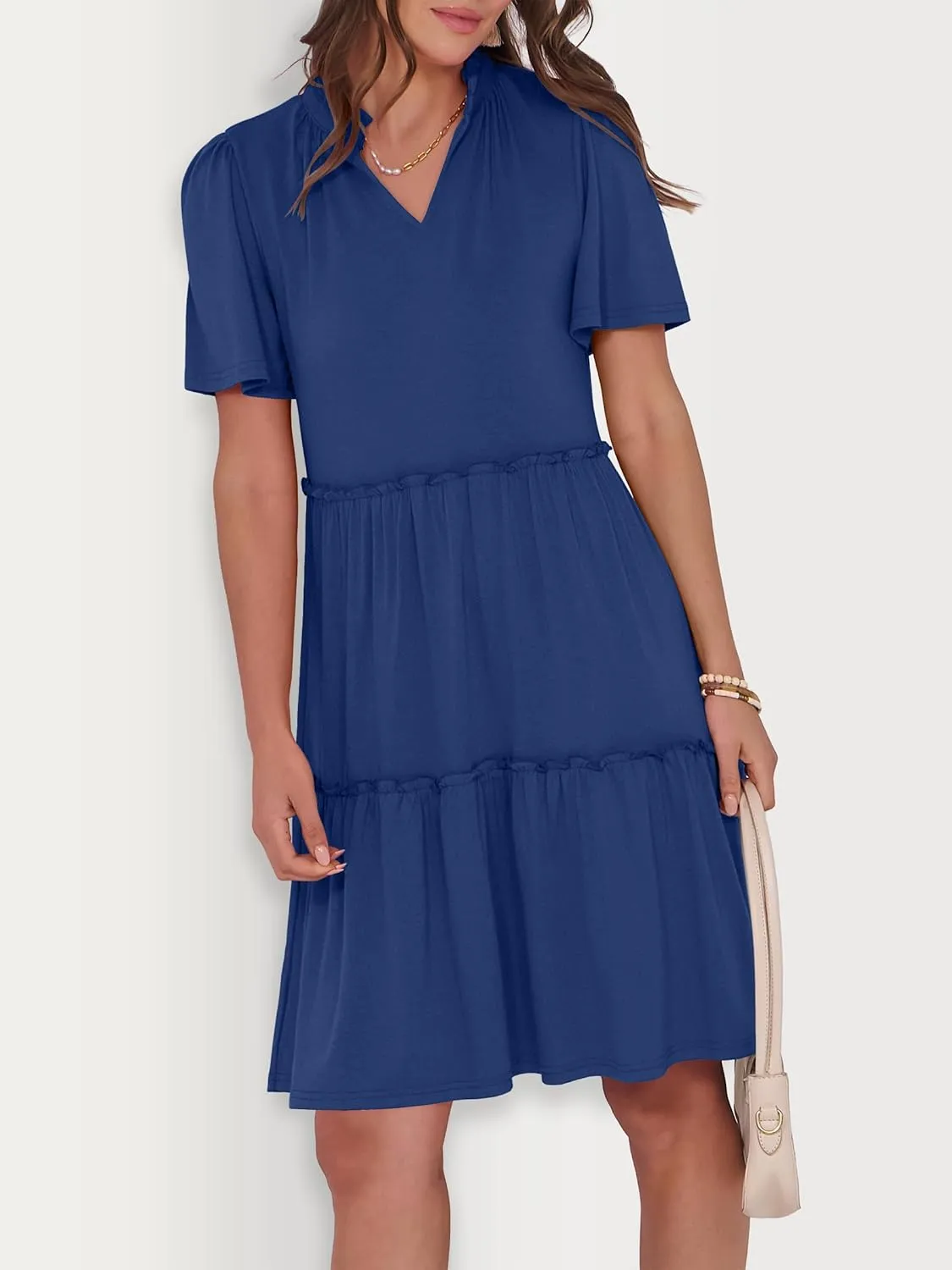 ANRABESS Womens Summer Casual Short Sleeve V Neck A line Tunic Dress Flowy Tiered Babydoll Mini Dress Beach Vacation Outfits