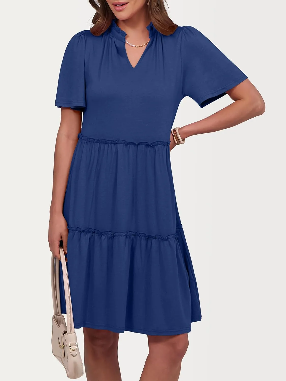 ANRABESS Womens Summer Casual Short Sleeve V Neck A line Tunic Dress Flowy Tiered Babydoll Mini Dress Beach Vacation Outfits