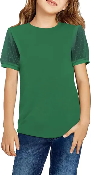 Arshiner Girls T Shirts Puff Short Sleeves with Polka Swiss Dots Tops for Kids Casual Summer Blouse Tunic Tee Tops