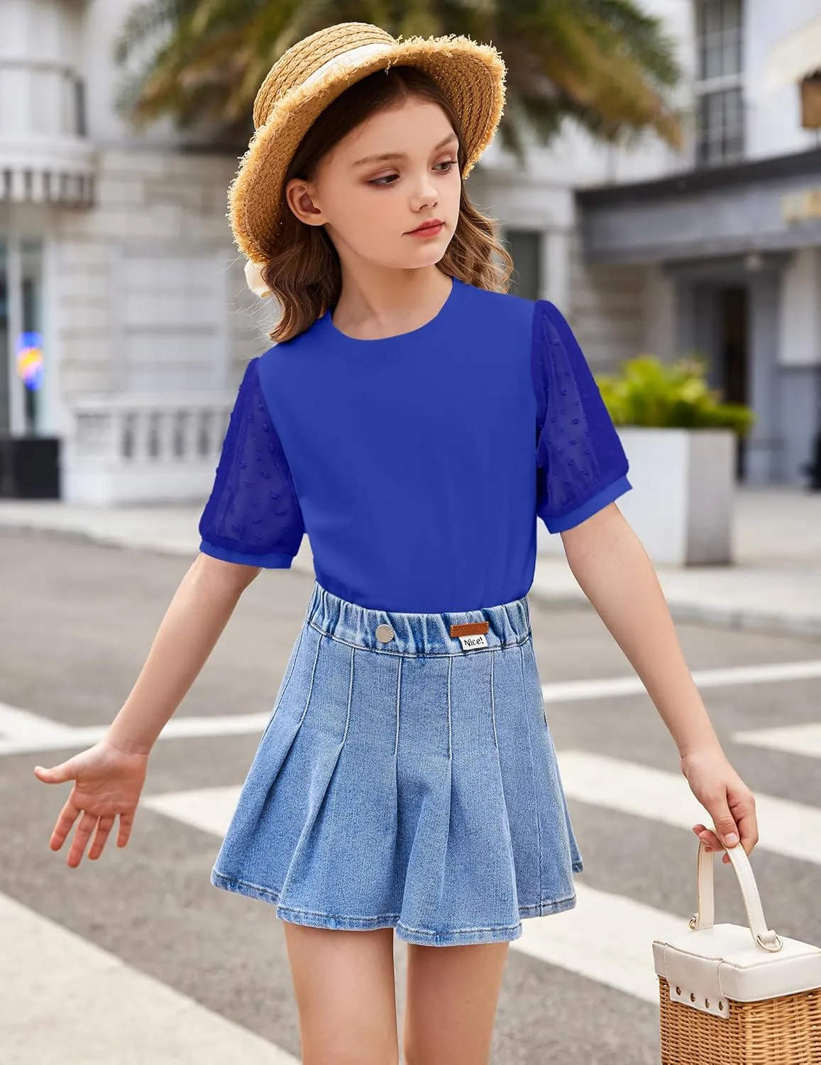 Arshiner Girls T Shirts Puff Short Sleeves with Polka Swiss Dots Tops for Kids Casual Summer Blouse Tunic Tee Tops