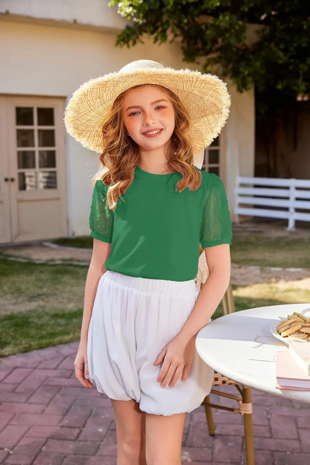 Arshiner Girls T Shirts Puff Short Sleeves with Polka Swiss Dots Tops for Kids Casual Summer Blouse Tunic Tee Tops