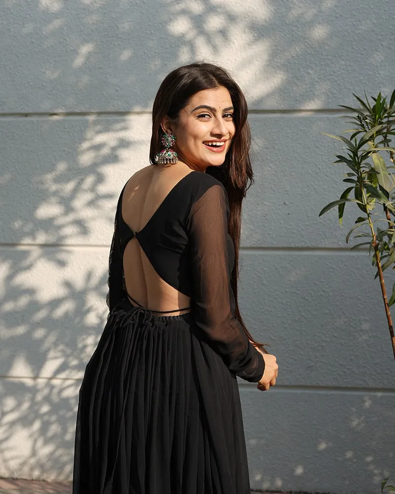 Black Backless Georgette Anarkali Suit with Embroidery Dupatta