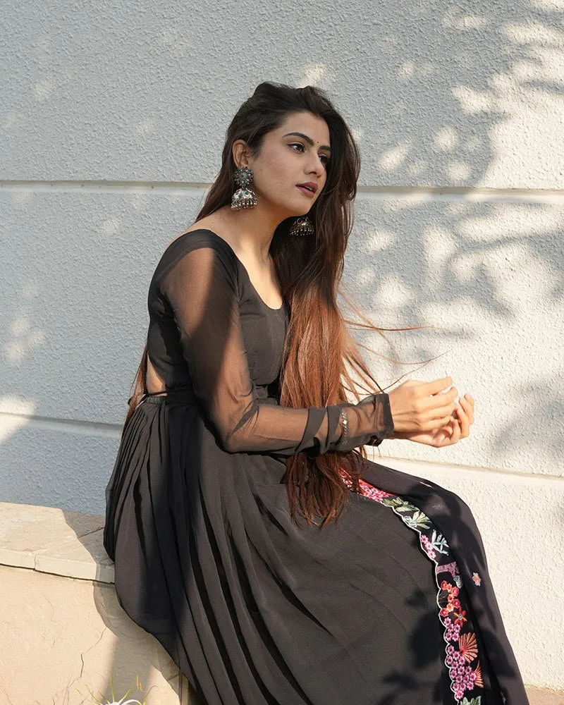 Black Backless Georgette Anarkali Suit with Embroidery Dupatta
