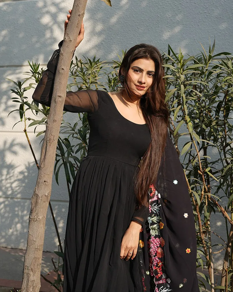 Black Backless Georgette Anarkali Suit with Embroidery Dupatta