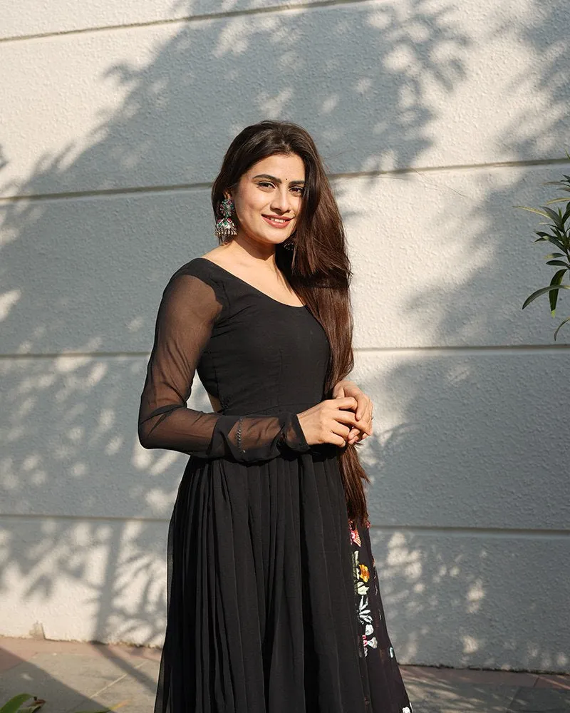 Black Backless Georgette Anarkali Suit with Embroidery Dupatta