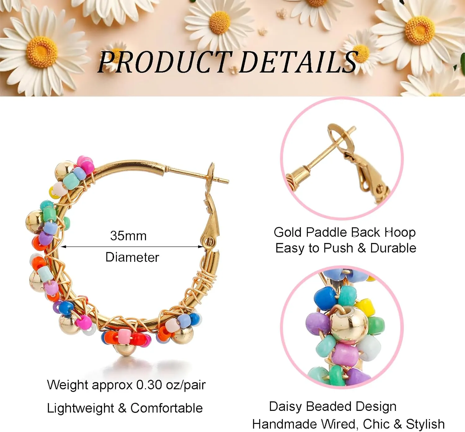 Colorful Beaded Earrings for Women, Boho Flower Hoop Earrings