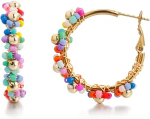 Colorful Beaded Earrings for Women, Boho Flower Hoop Earrings