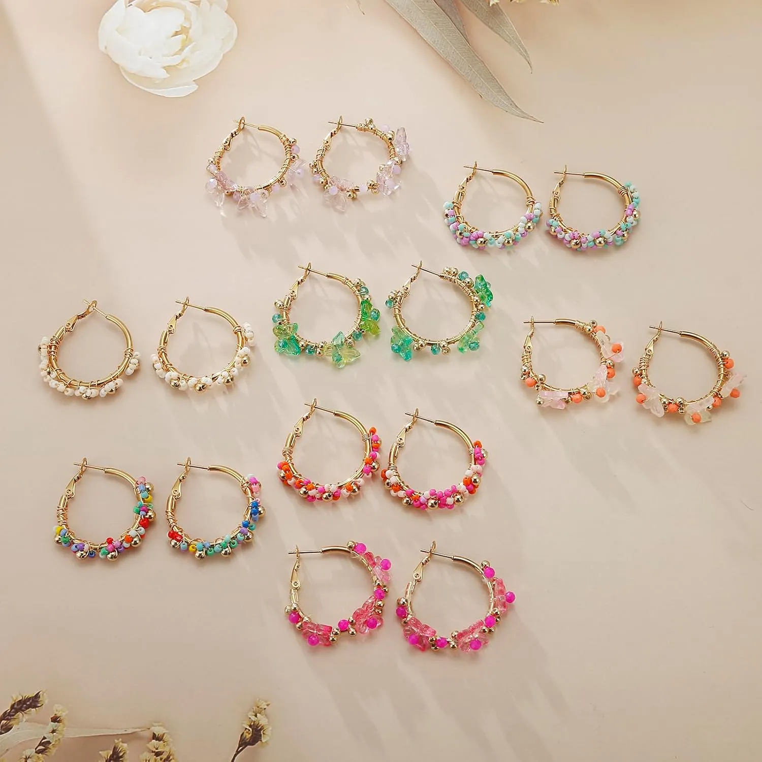 Colorful Beaded Earrings for Women, Boho Flower Hoop Earrings