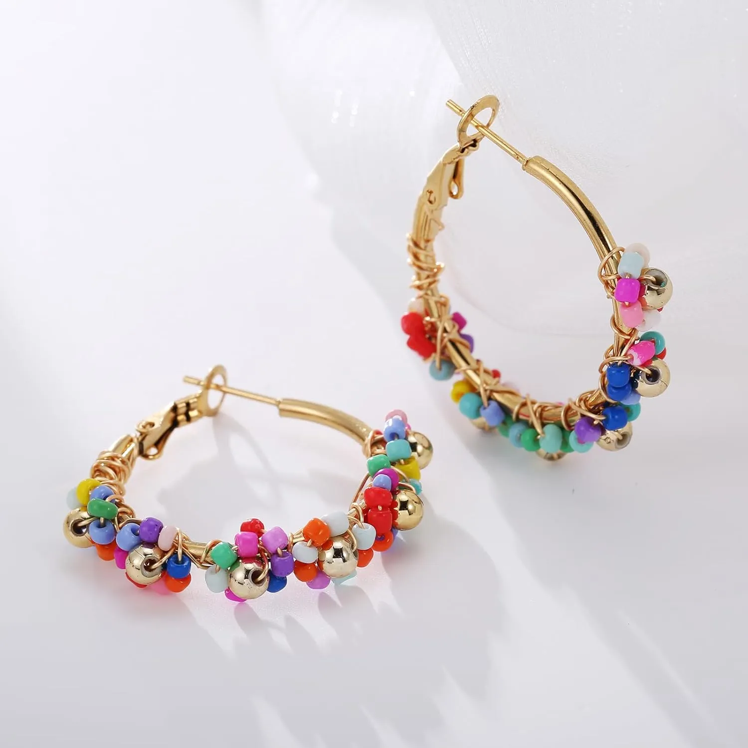 Colorful Beaded Earrings for Women, Boho Flower Hoop Earrings
