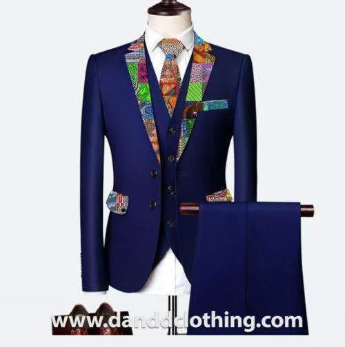 Dark Blue 3 Piece 100% Wool African Suits For Men