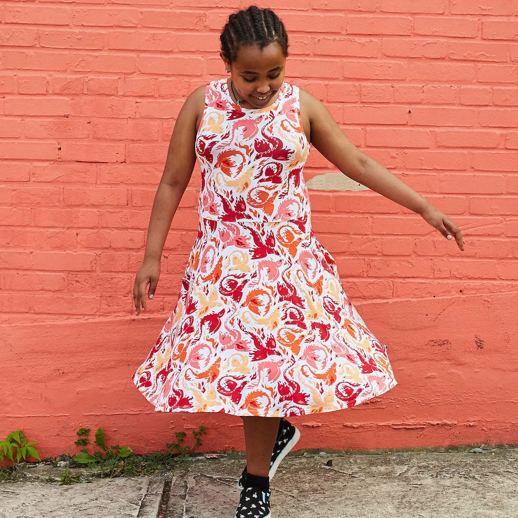 “Fire Borne” Phoenixes Knee-Length Stretchy Sleeveless Play Dress with Pockets