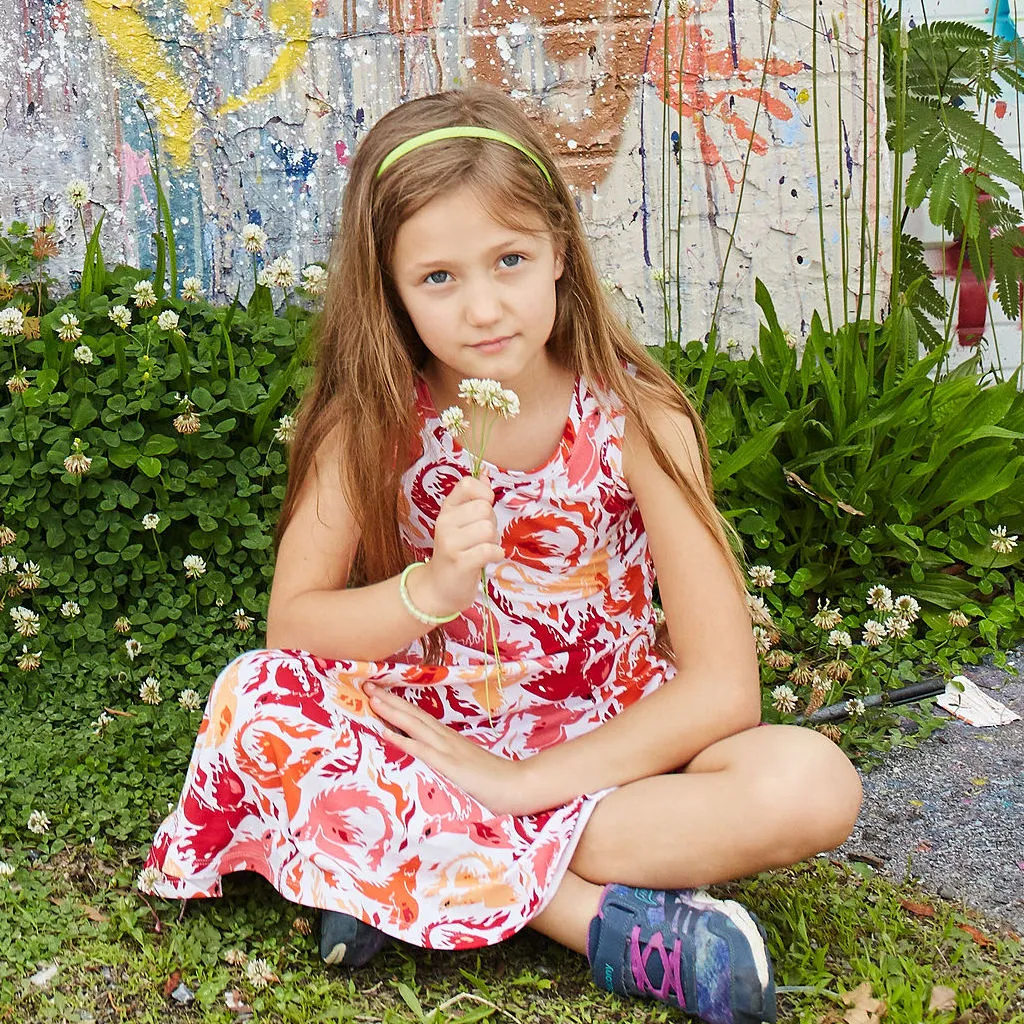 “Fire Borne” Phoenixes Knee-Length Stretchy Sleeveless Play Dress with Pockets