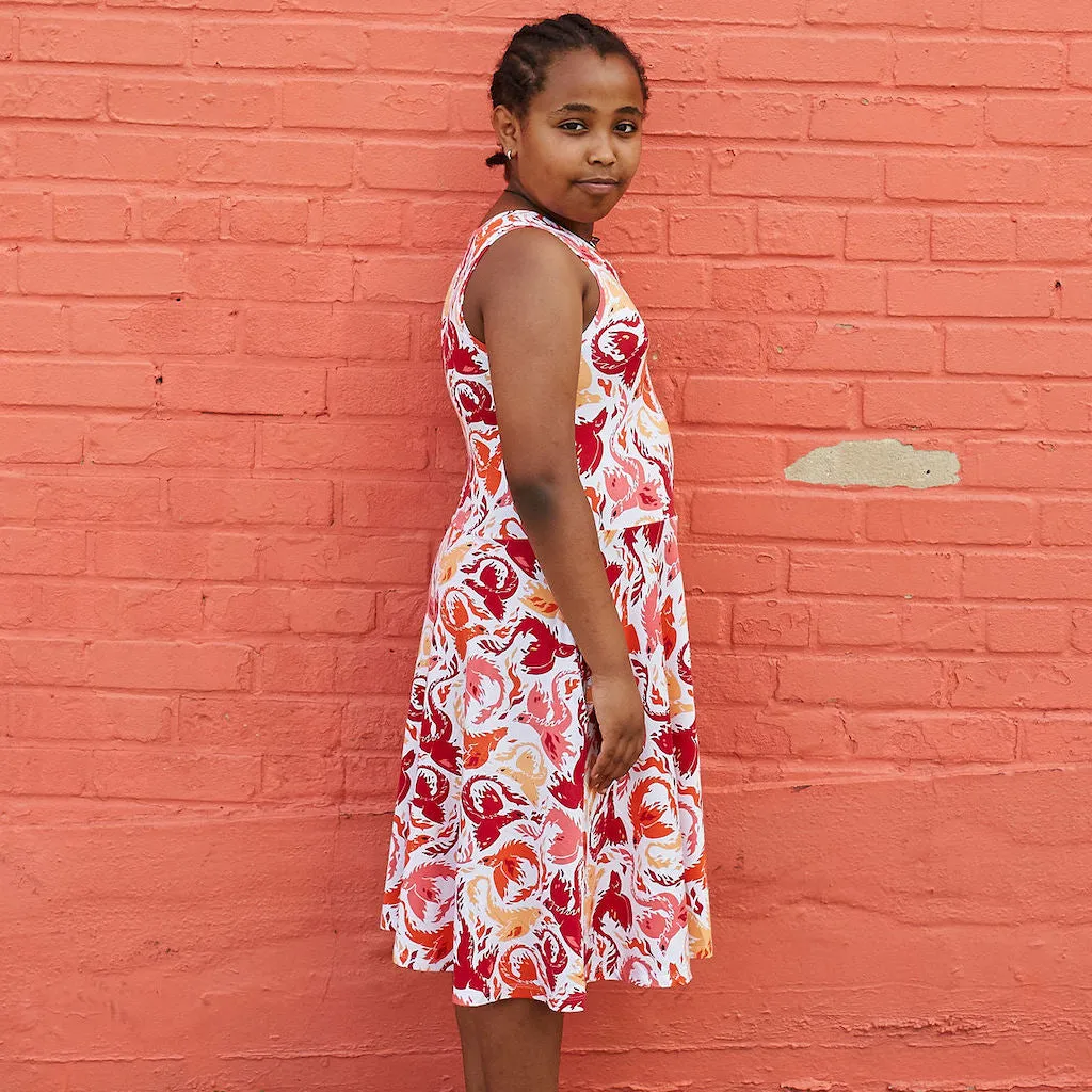 “Fire Borne” Phoenixes Knee-Length Stretchy Sleeveless Play Dress with Pockets