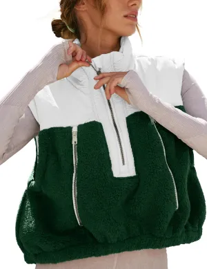 Fleece Vests for Women Half Zip Up Sleeveless Quilted Jacket Crop Puffer Vest Lightweight Padded Coat Outwear