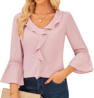 GRACE KARIN Womens V Neck Ruffle Tops 3/4 Sleeve Tops Business Casual Blouses Dressy Shirts Lace Patchwork Shirts