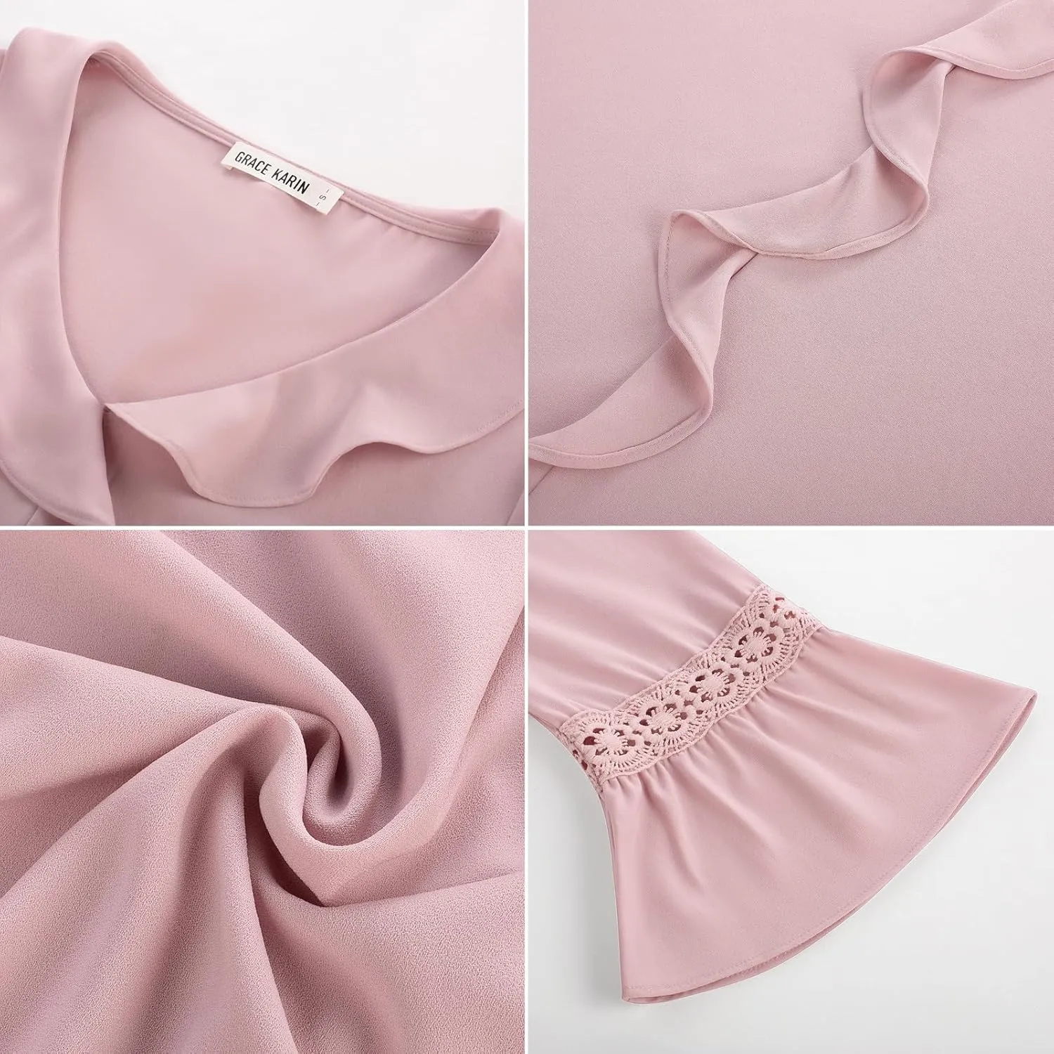 GRACE KARIN Womens V Neck Ruffle Tops 3/4 Sleeve Tops Business Casual Blouses Dressy Shirts Lace Patchwork Shirts