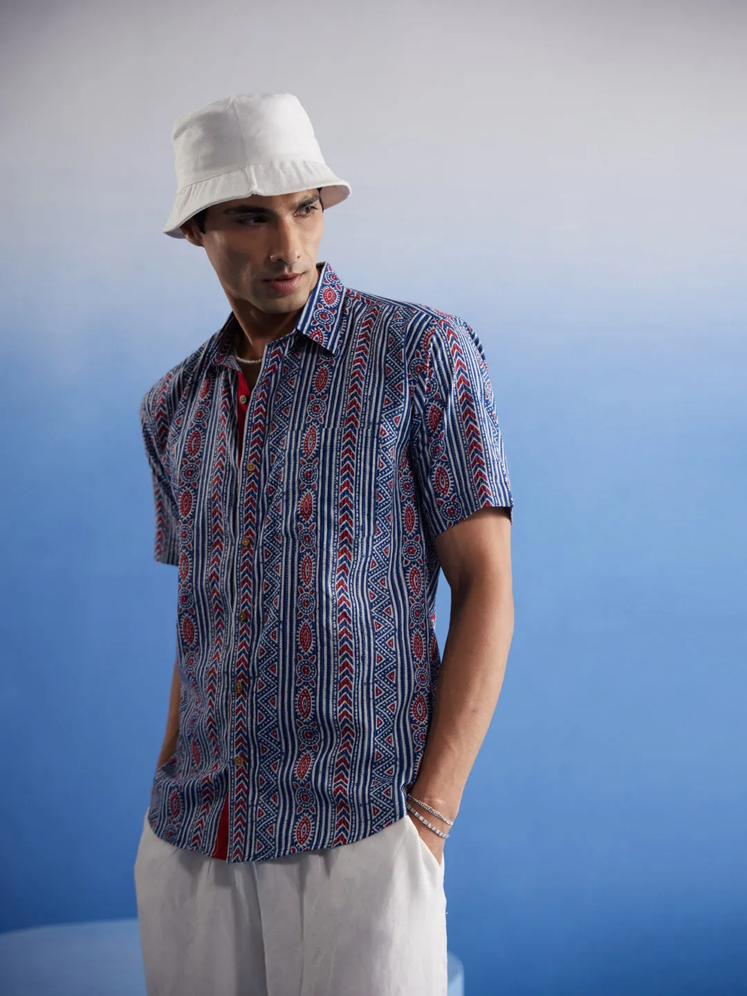 Jashvi Men's Aqua Printed Cotton Shirt