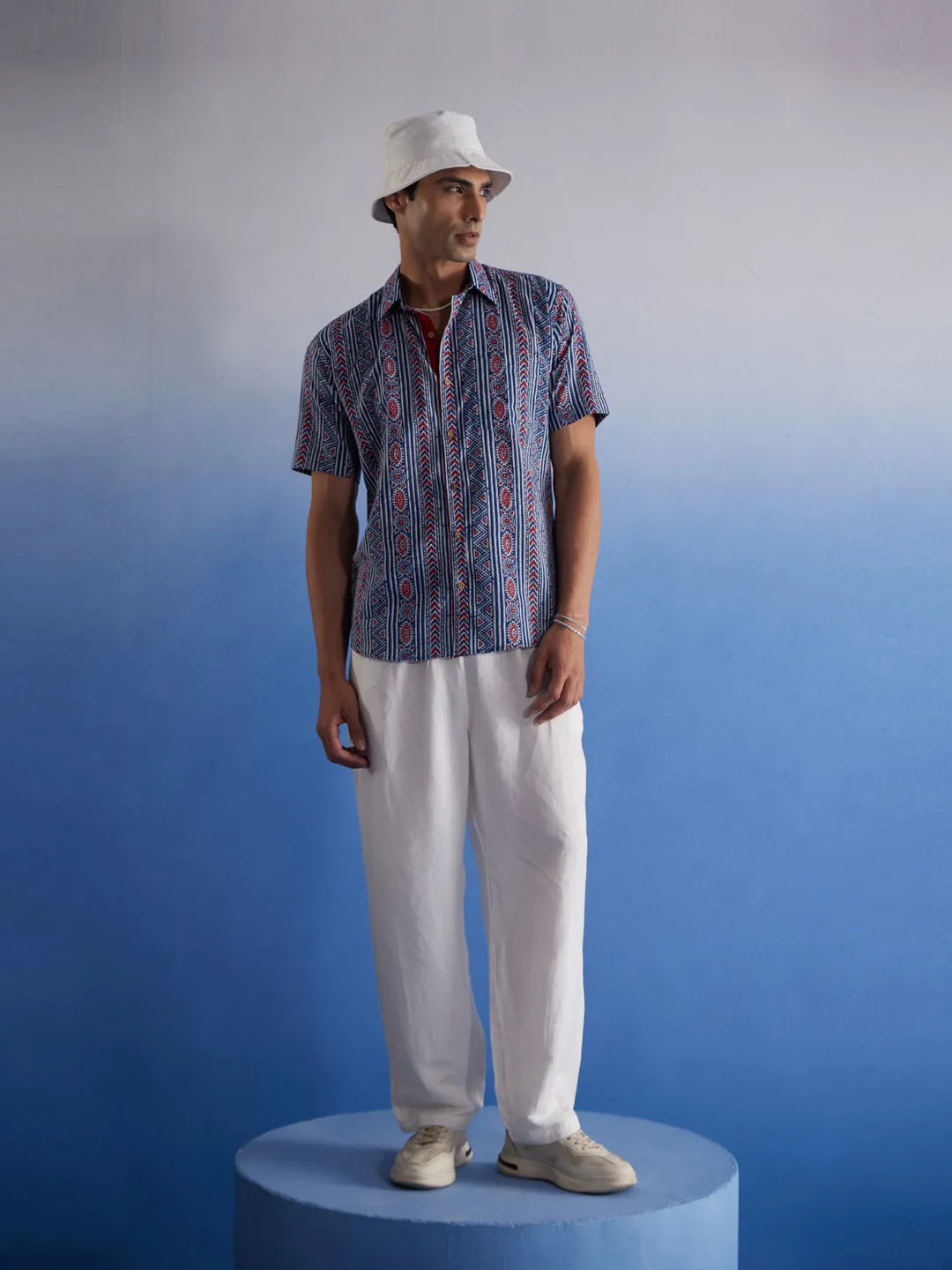 Jashvi Men's Aqua Printed Cotton Shirt