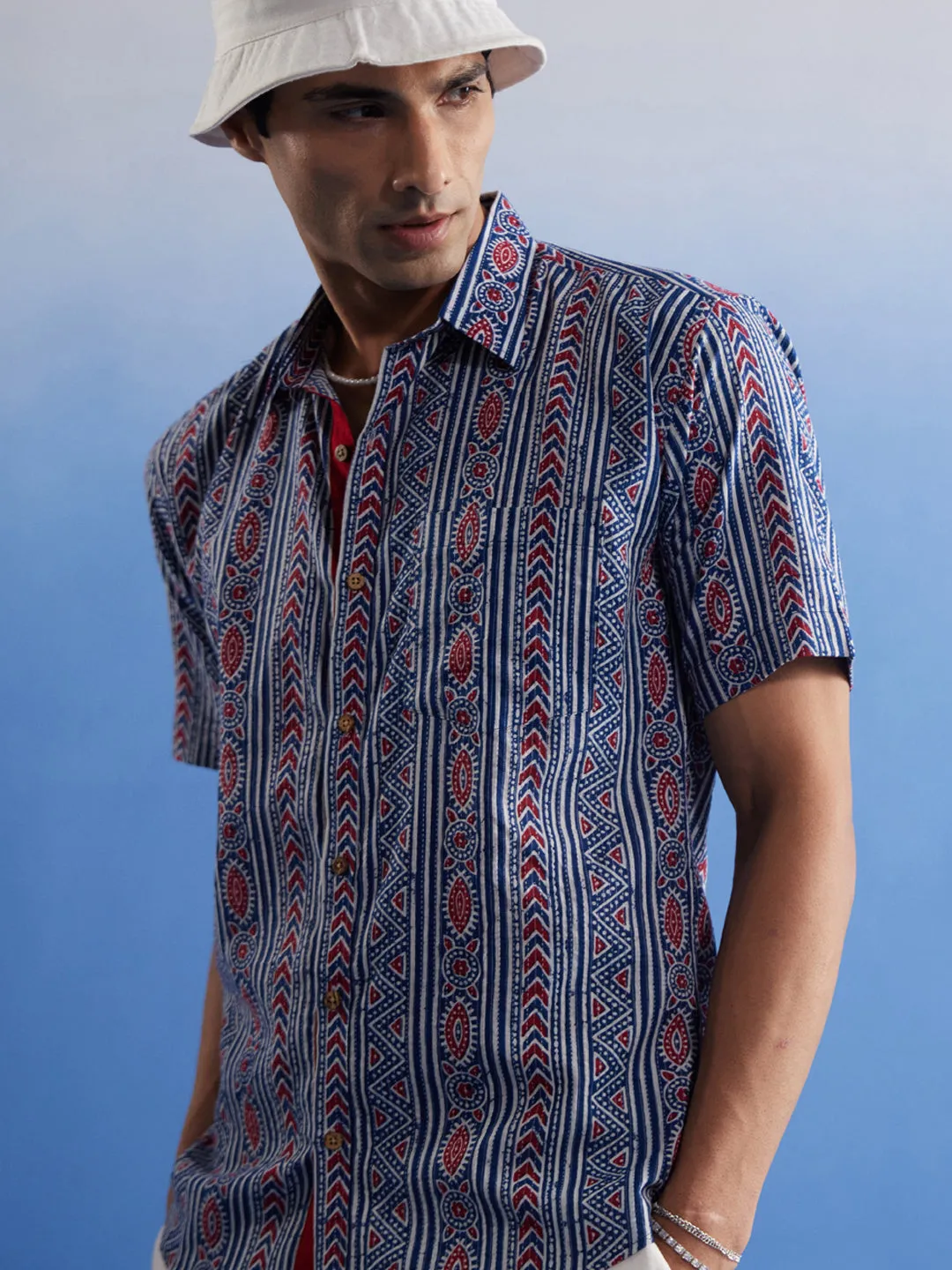 Jashvi Men's Aqua Printed Cotton Shirt