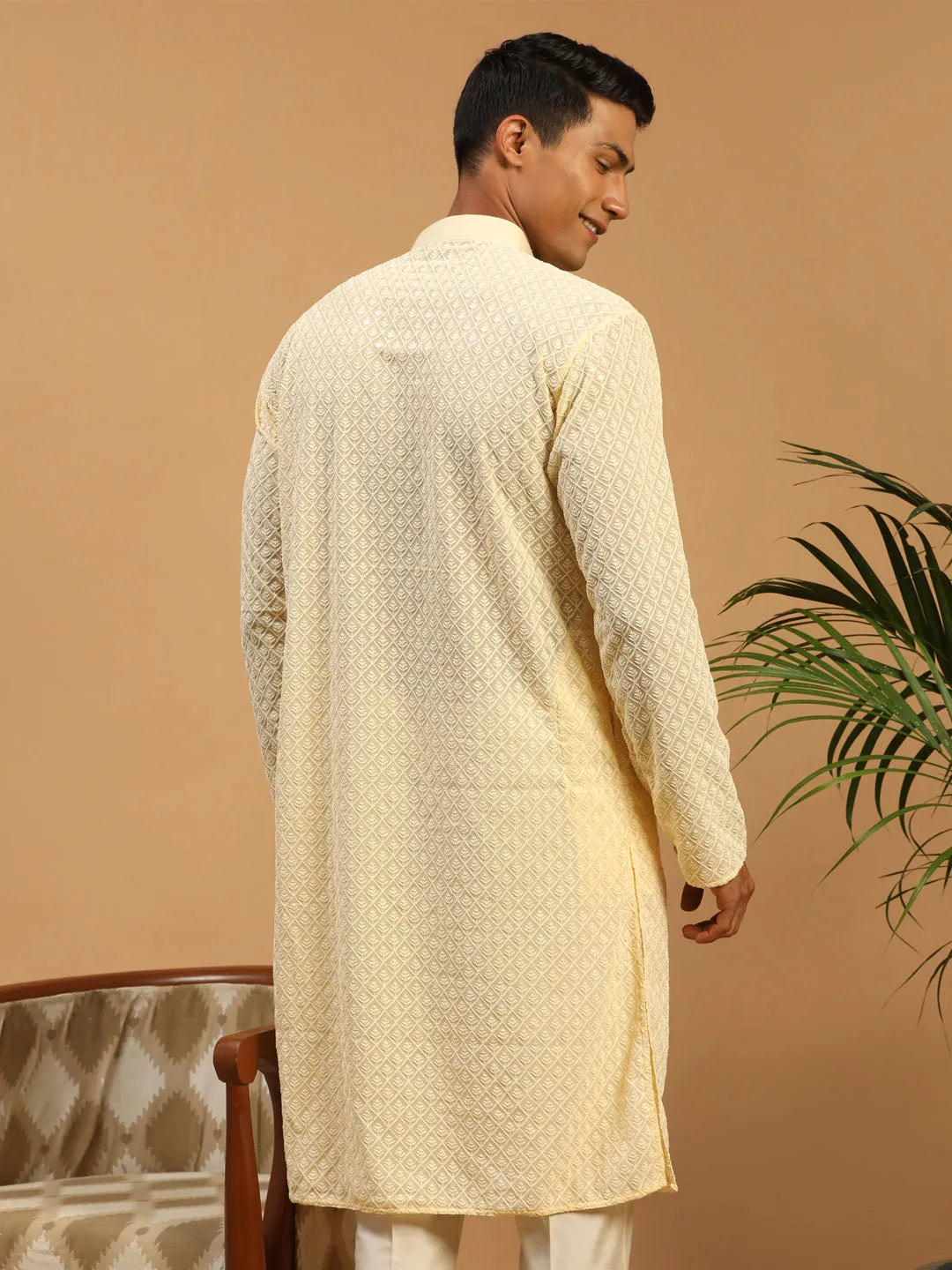 Jashvi Men's Cream Embroidery Worked Georgette Kurta