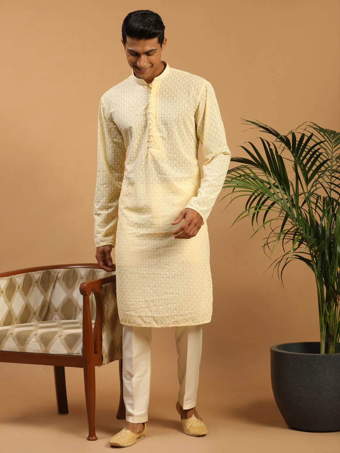 Jashvi Men's Cream Embroidery Worked Georgette Kurta