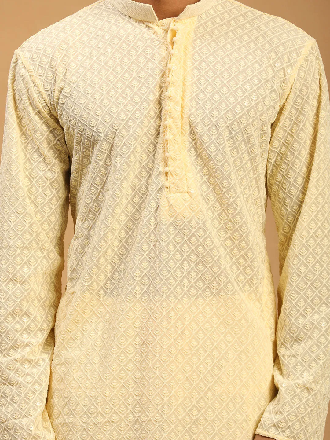 Jashvi Men's Cream Embroidery Worked Georgette Kurta
