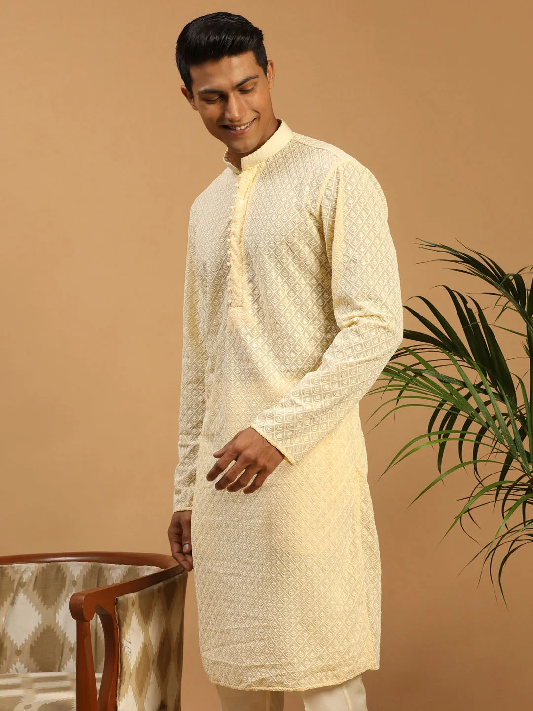 Jashvi Men's Cream Embroidery Worked Georgette Kurta