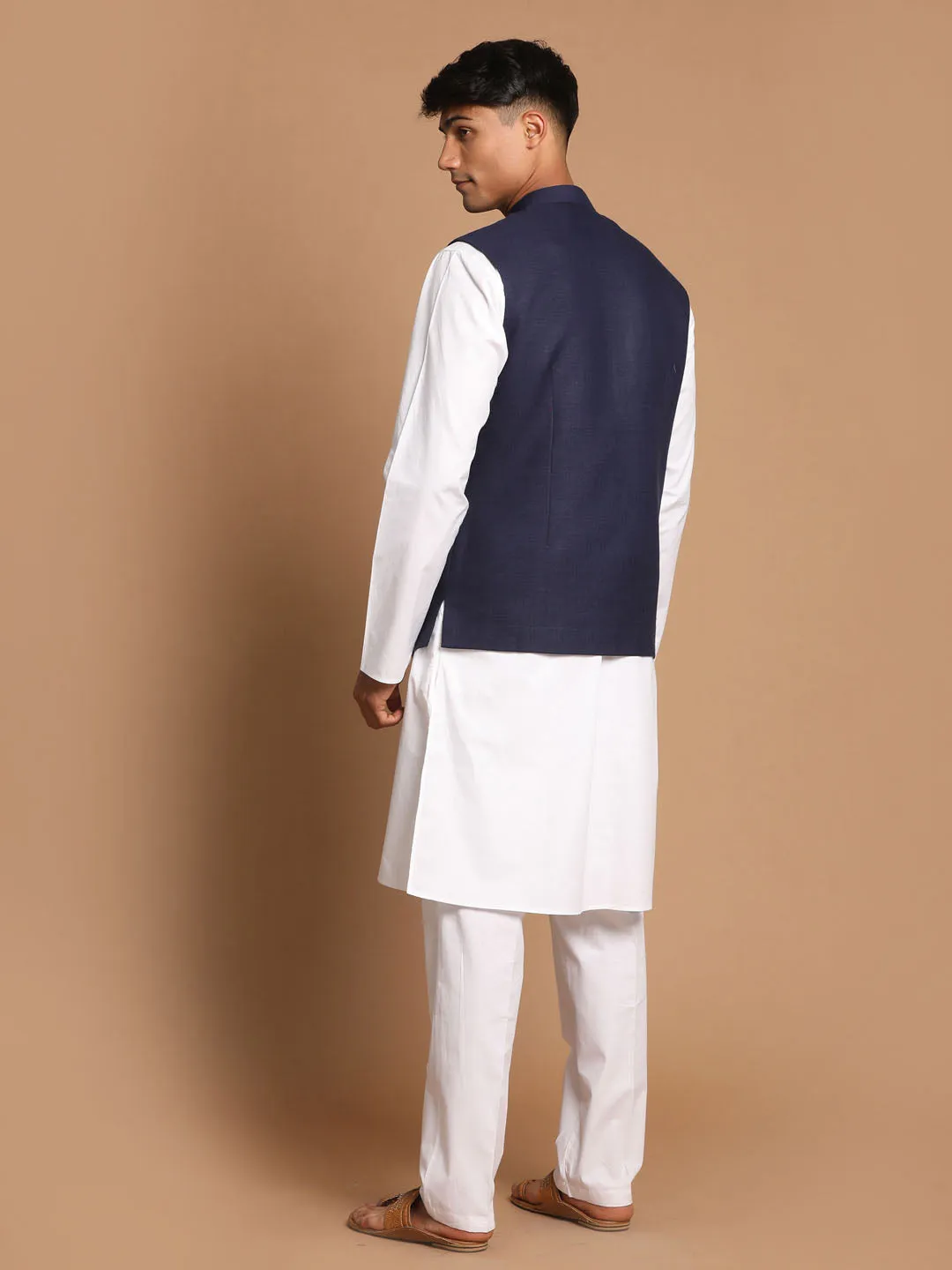 Jashvi Men's Navy Blue Solid Nehru Jacket With White Solid Kurta And White Cotton Pant Style Pyjama Set