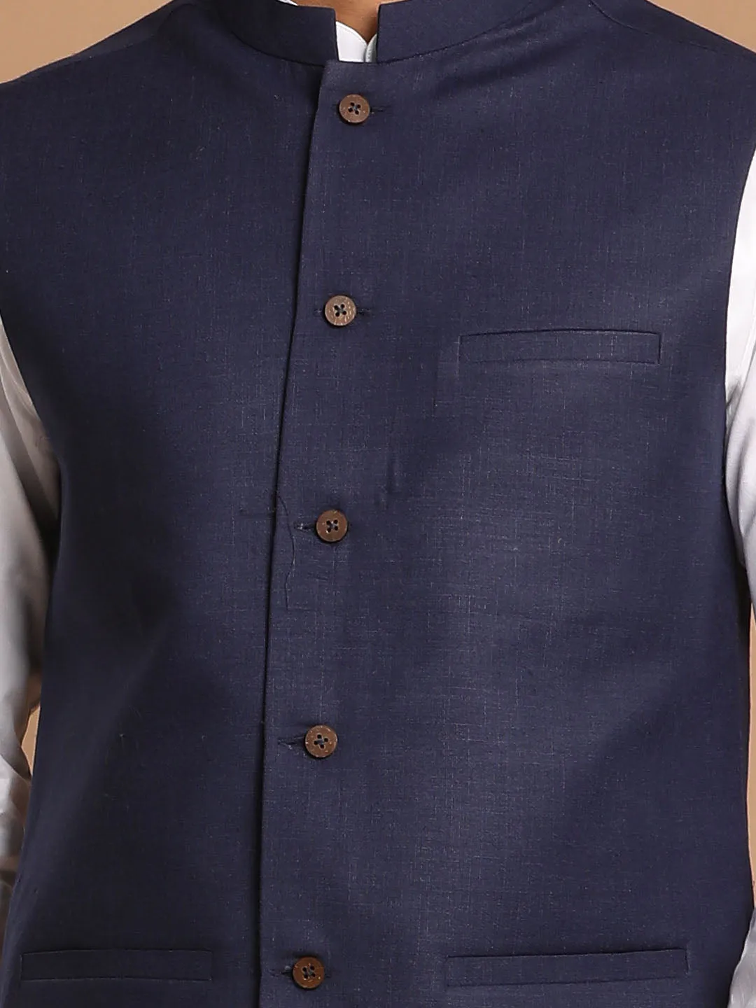 Jashvi Men's Navy Blue Solid Nehru Jacket With White Solid Kurta And White Cotton Pant Style Pyjama Set