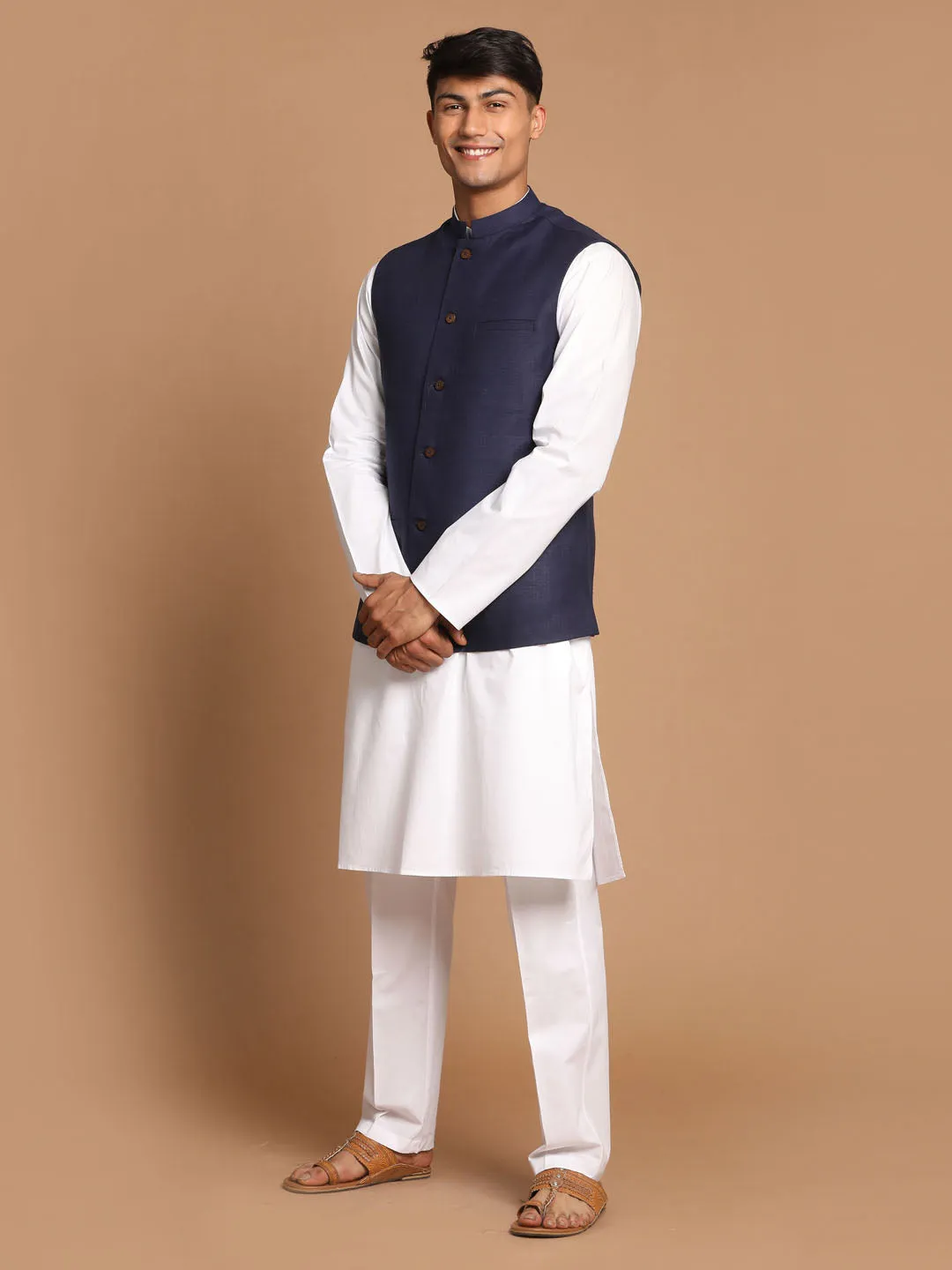 Jashvi Men's Navy Blue Solid Nehru Jacket With White Solid Kurta And White Cotton Pant Style Pyjama Set
