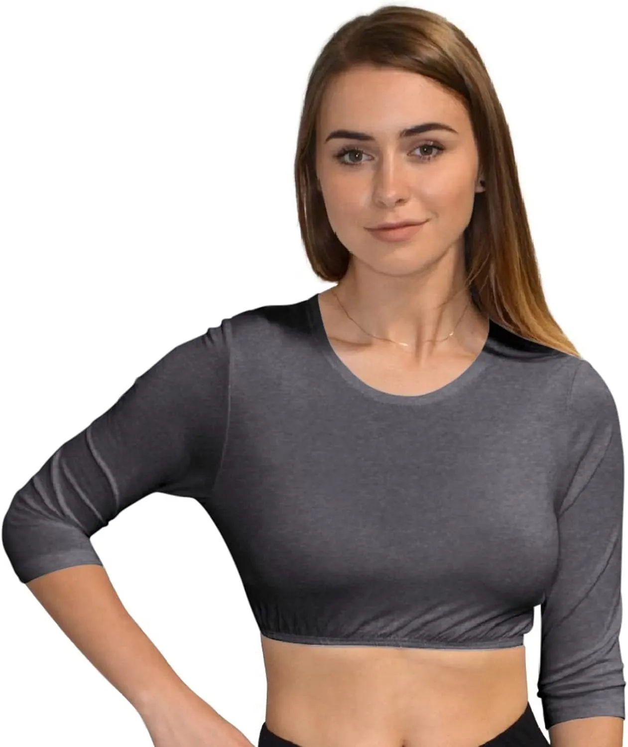 Kosher Casual Women's Modest High Neck Cropped Layering Shell - Viscose Spandex 3-4 Sleeve Base Pullover Top