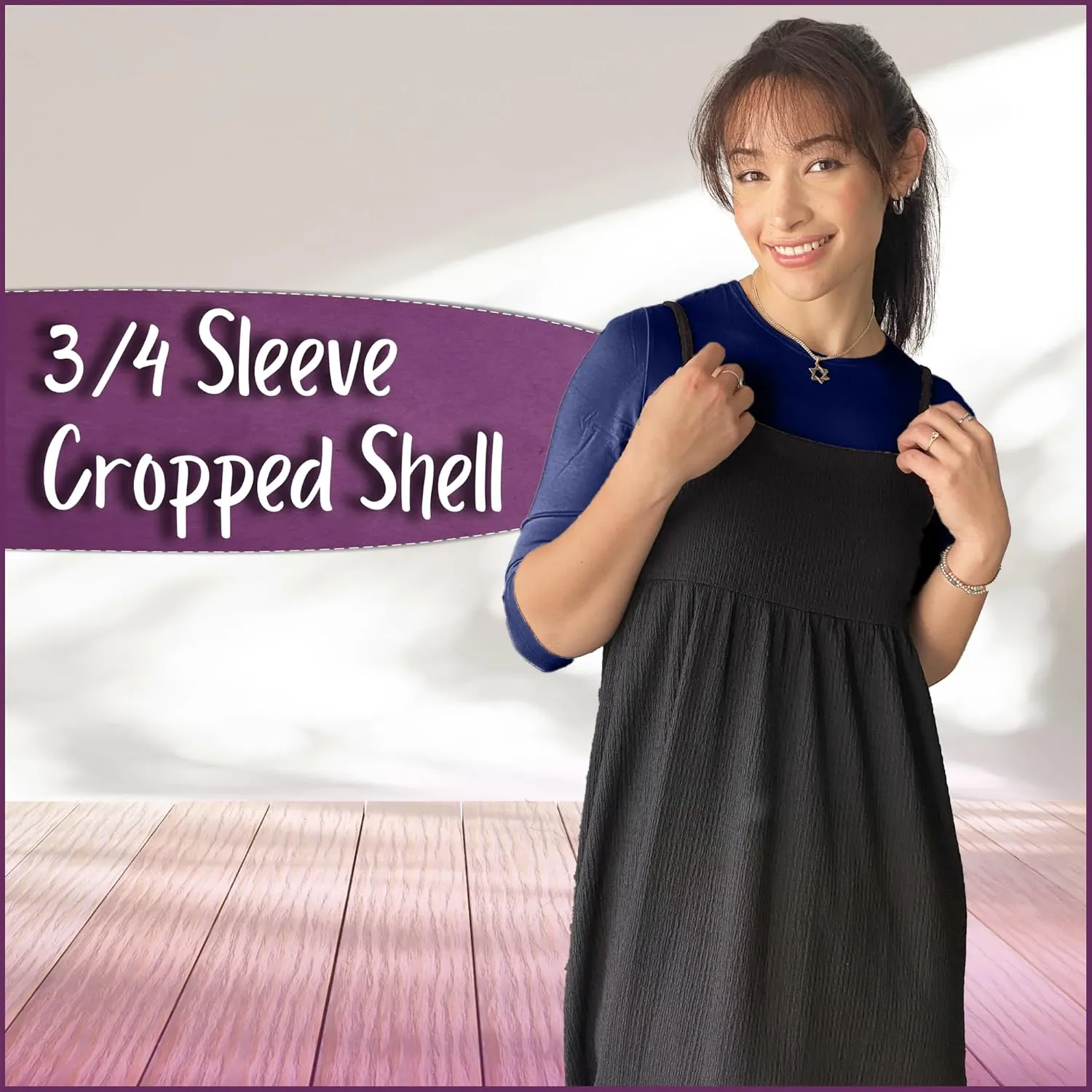 Kosher Casual Women's Modest High Neck Cropped Layering Shell - Viscose Spandex 3-4 Sleeve Base Pullover Top