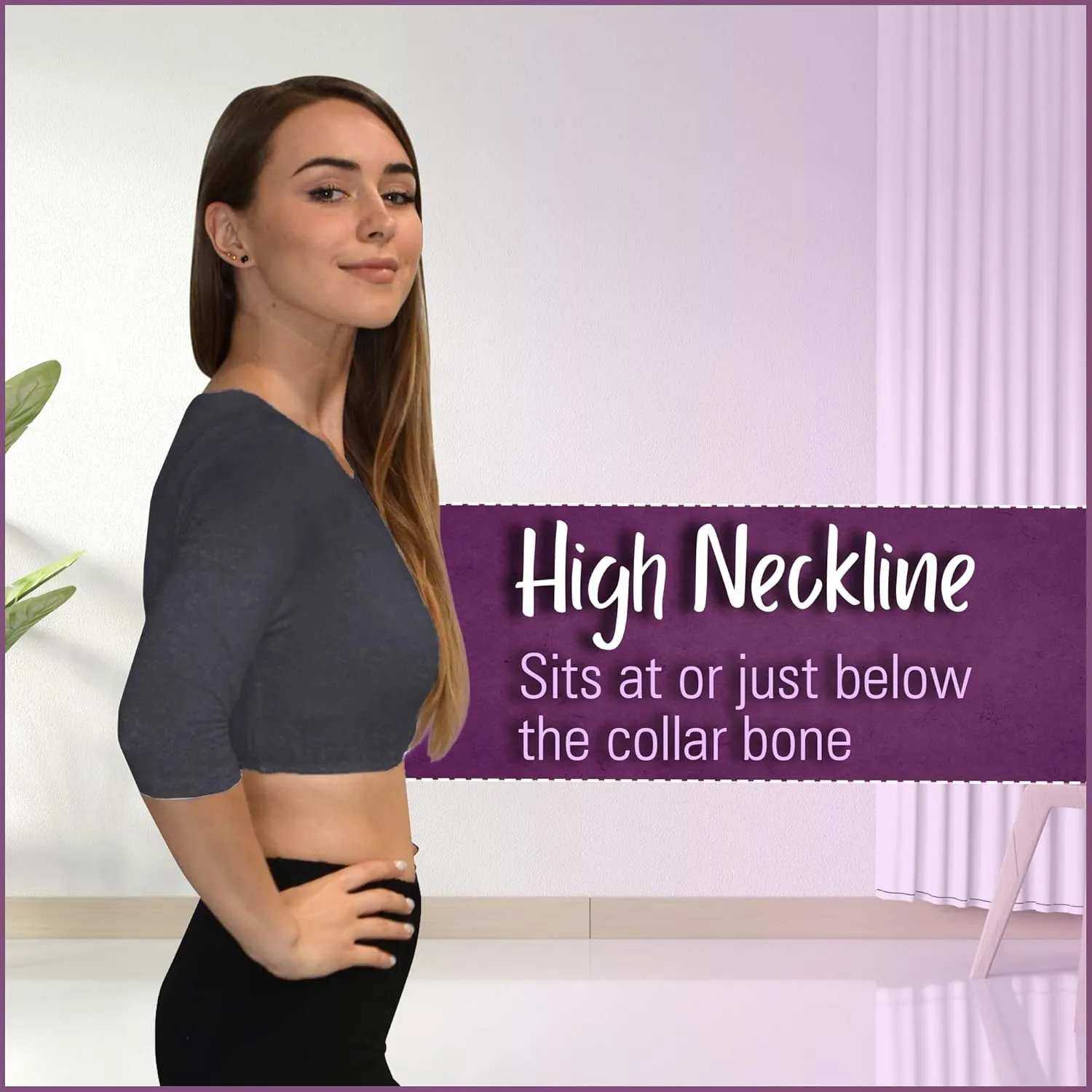 Kosher Casual Women's Modest High Neck Cropped Layering Shell - Viscose Spandex 3-4 Sleeve Base Pullover Top