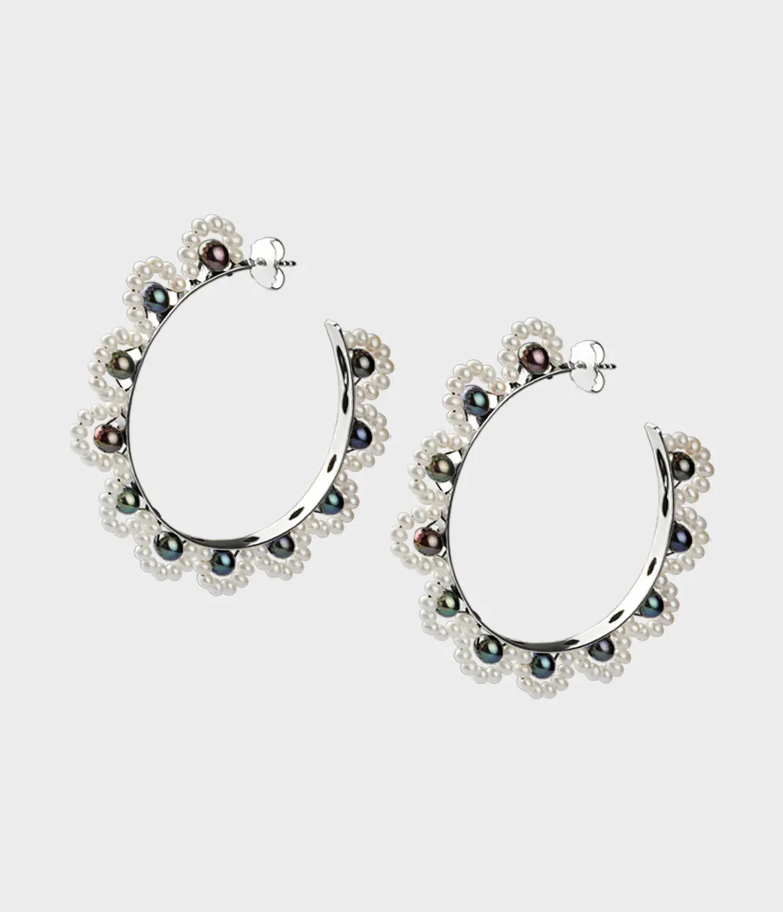 Large French Lace Pearl Hoop Earrings / Sterling Silver