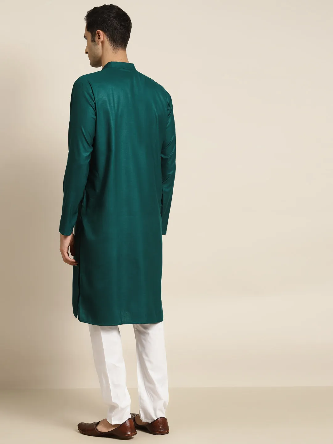 Men's Cotton Rama Green Neck Embroidery Kurta & White Churidar Pyjama Set - Sojanya