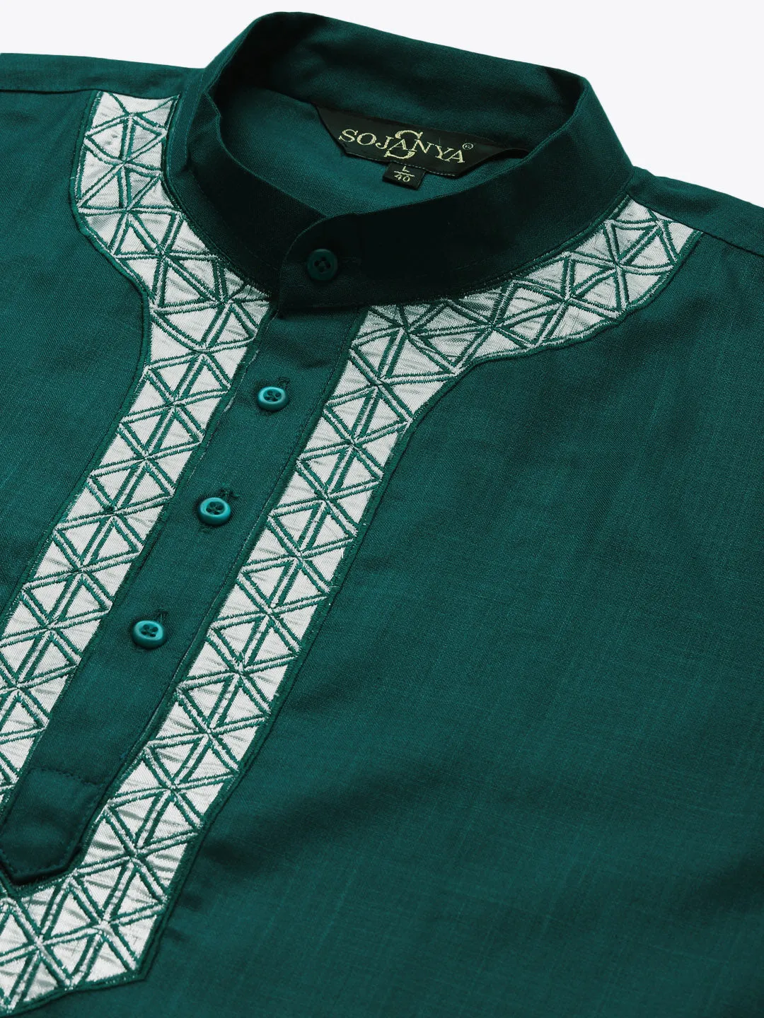 Men's Cotton Rama Green Neck Embroidery Kurta & White Churidar Pyjama Set - Sojanya