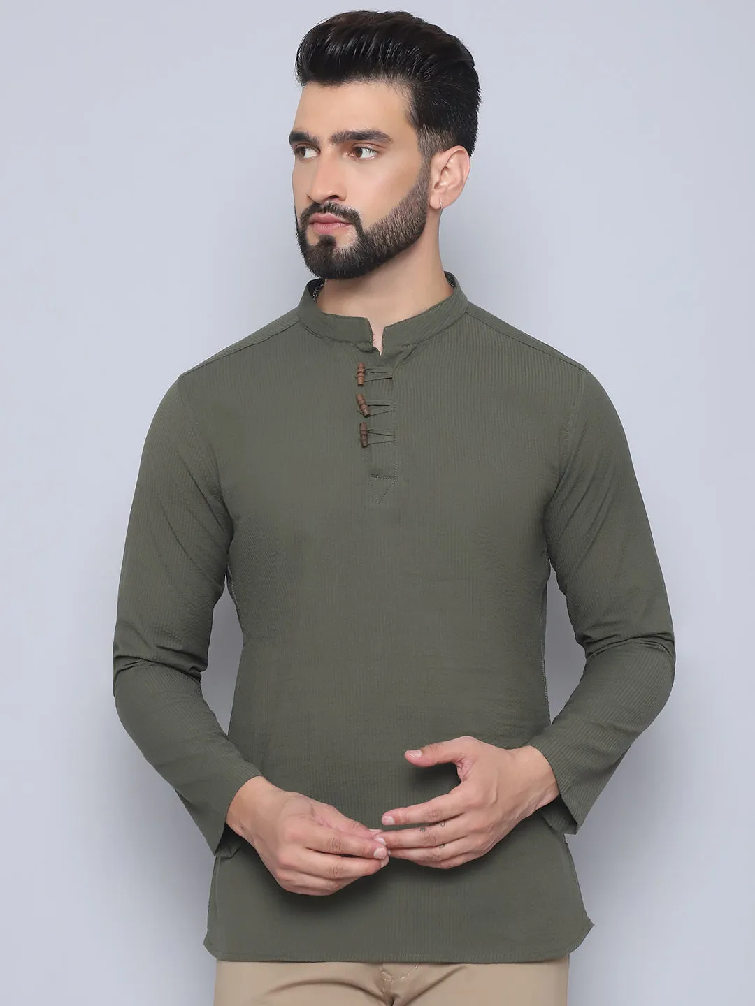 Men's Green Pure Cotton Loop Wooden Button Kurta - Even Apparels