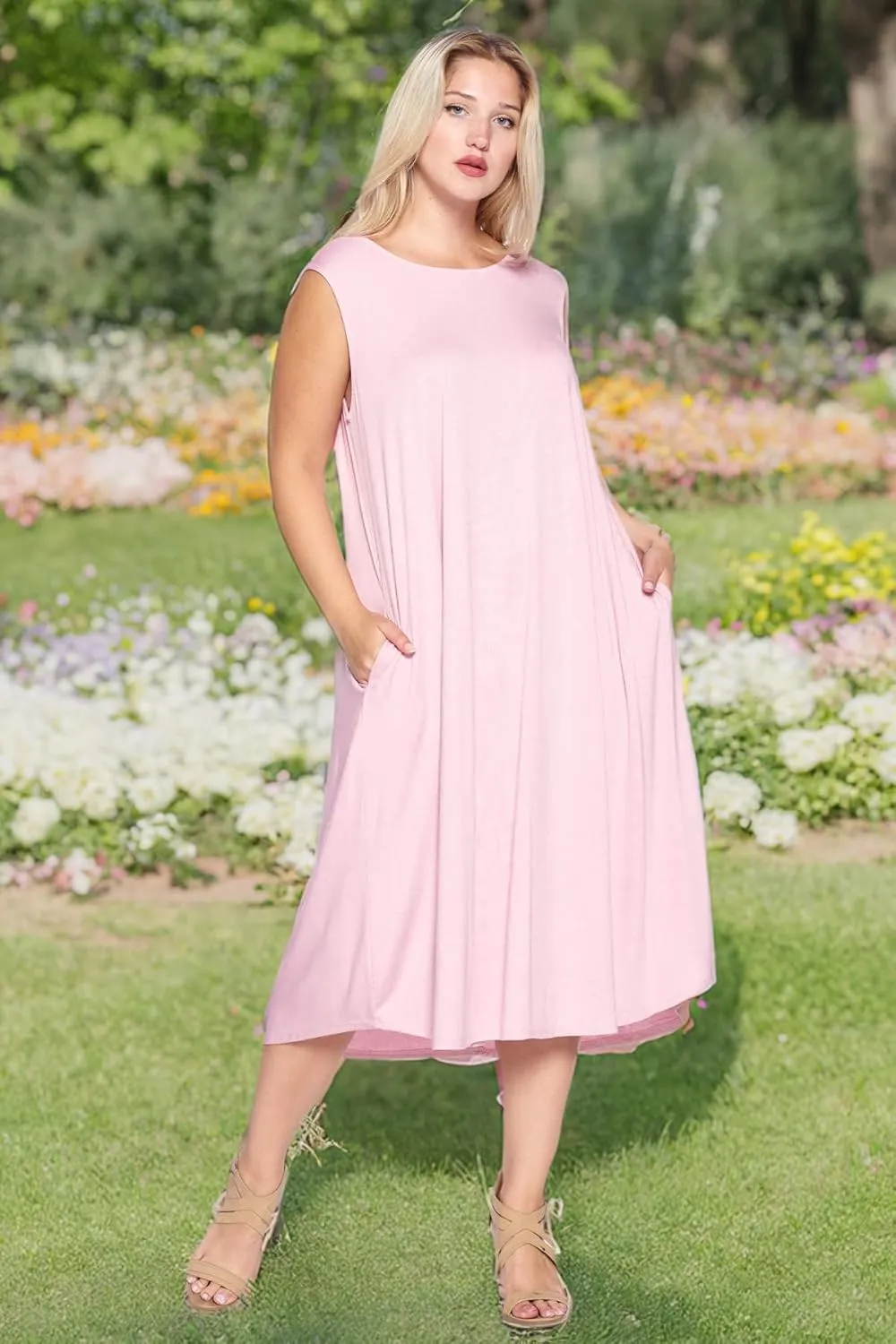 Modern Kiwi Women's Plus Size Basic Sleeveless Loose Fit Pocket Midi Maxi Dress (1X-4X)